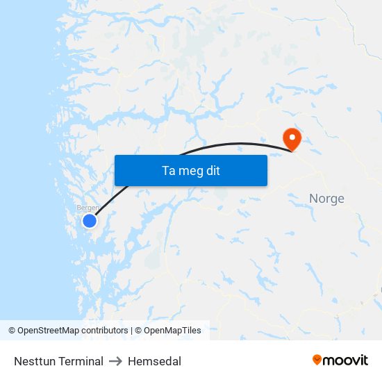 Nesttun Terminal to Hemsedal map
