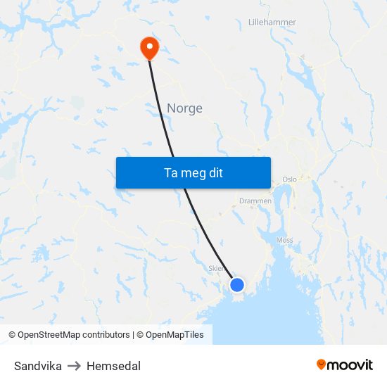 Sandvika to Hemsedal map