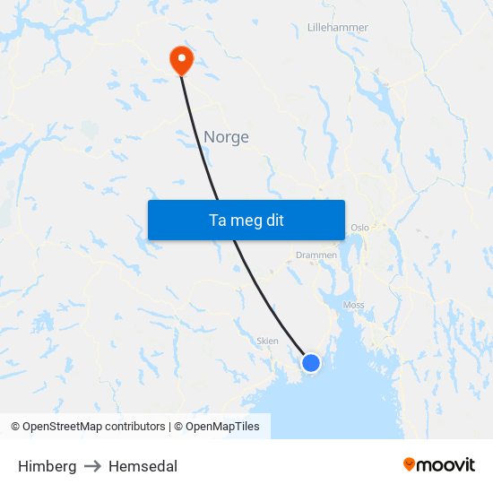 Himberg to Hemsedal map
