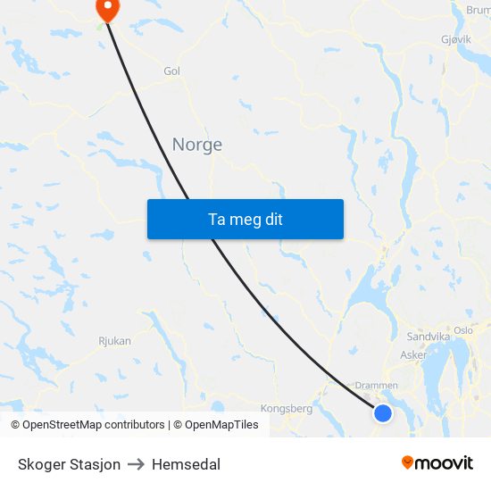 Skoger Stasjon to Hemsedal map