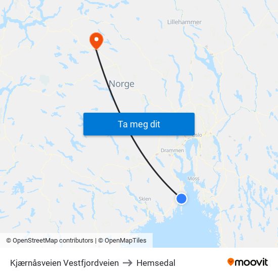 Kjærnåsveien Vestfjordveien to Hemsedal map