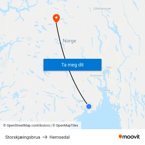 Storskjæingsbrua to Hemsedal map