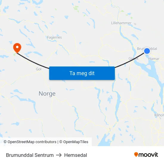 Brumunddal Sentrum to Hemsedal map