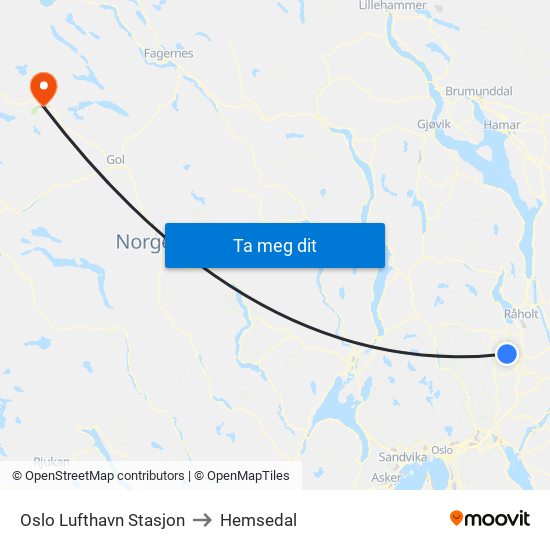 Oslo Lufthavn Stasjon to Hemsedal map