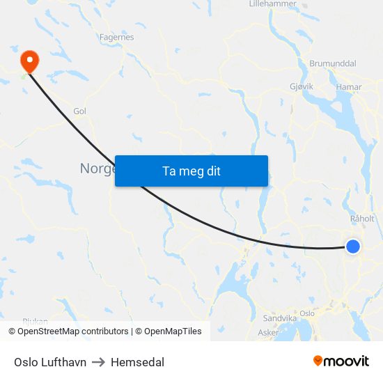 Oslo Lufthavn to Hemsedal map