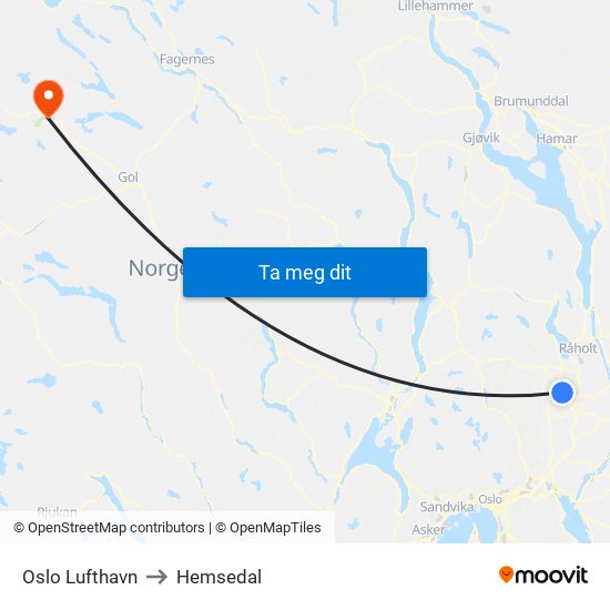 Oslo Lufthavn to Hemsedal map