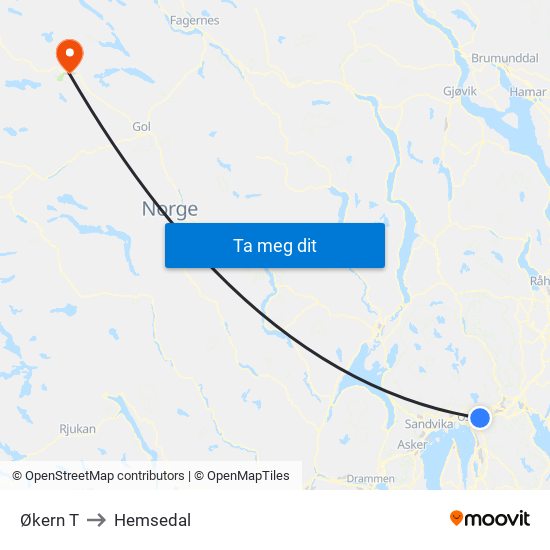 Økern T to Hemsedal map