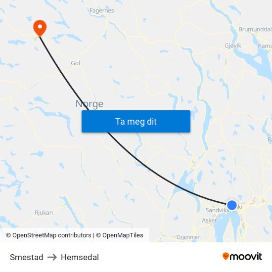 Smestad to Hemsedal map