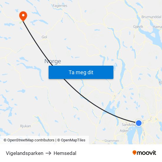 Vigelandsparken to Hemsedal map