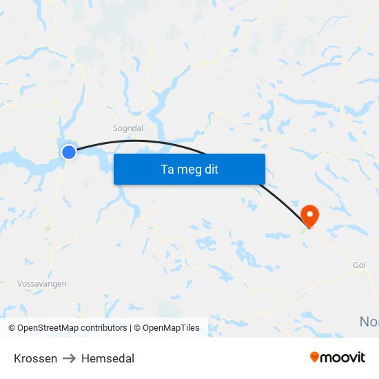 Krossen to Hemsedal map