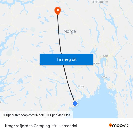 Kragerøfjorden Camping to Hemsedal map