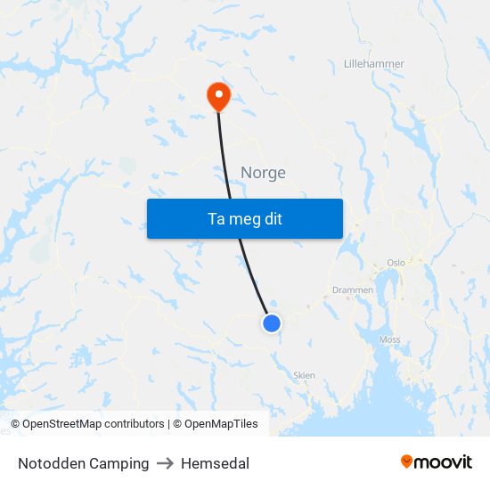 Notodden Camping to Hemsedal map