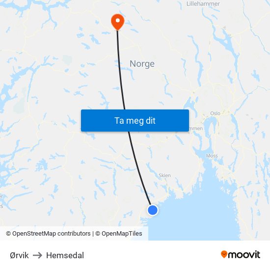 Ørvik to Hemsedal map