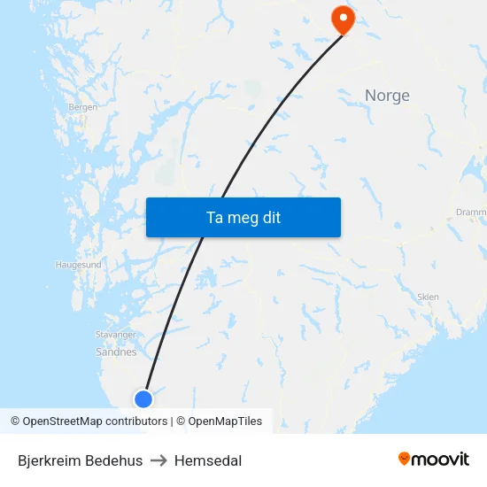 Bjerkreim Bedehus to Hemsedal map