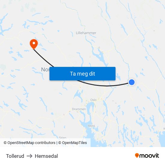 Tollerud to Hemsedal map