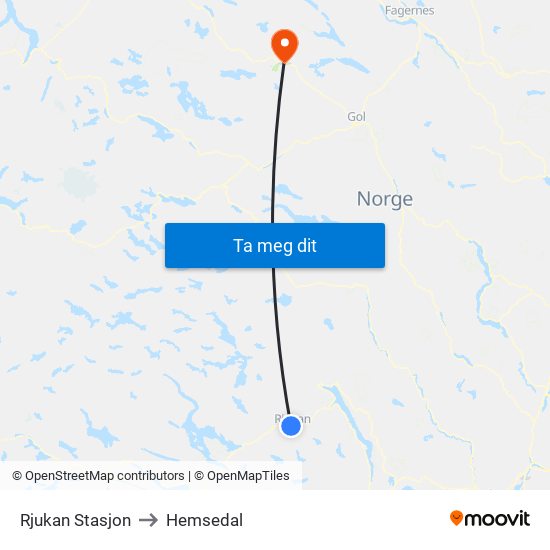 Rjukan Stasjon to Hemsedal map