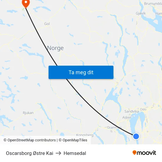 Oscarsborg Østre Kai to Hemsedal map