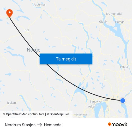 Nerdrum Stasjon to Hemsedal map