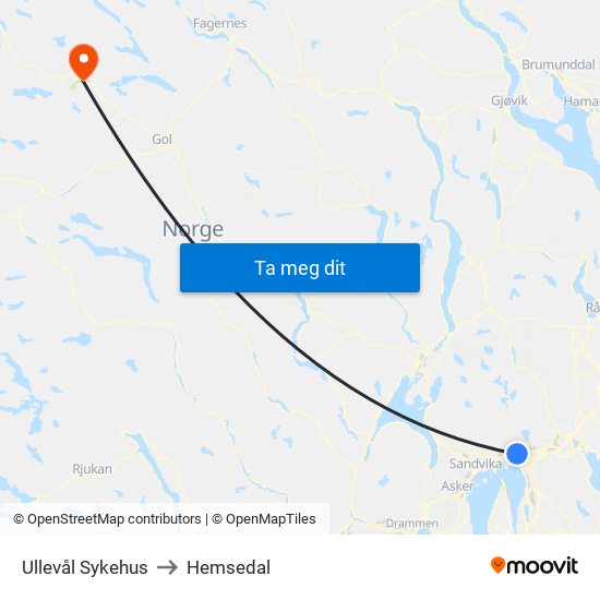 Ullevål Sykehus to Hemsedal map