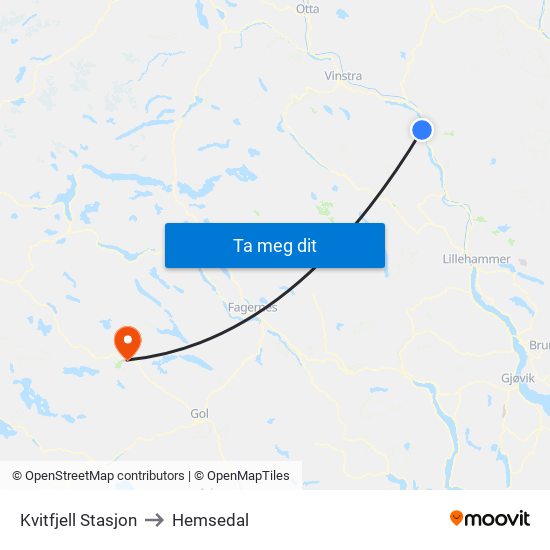 Kvitfjell Stasjon to Hemsedal map