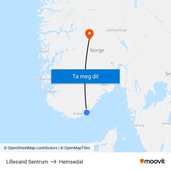Lillesand Sentrum to Hemsedal map
