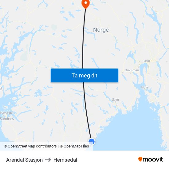 Arendal Stasjon to Hemsedal map