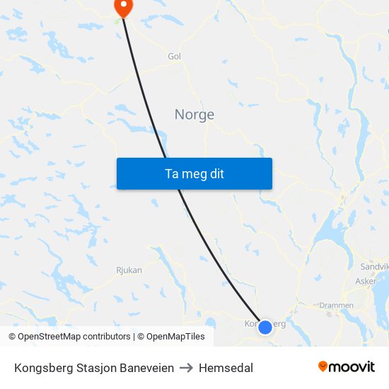 Kongsberg Stasjon Baneveien to Hemsedal map