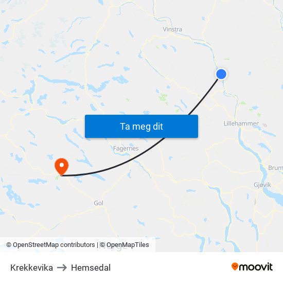 Krekkevika to Hemsedal map