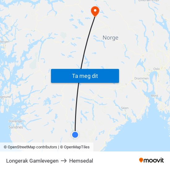 Longerak Gamlevegen to Hemsedal map