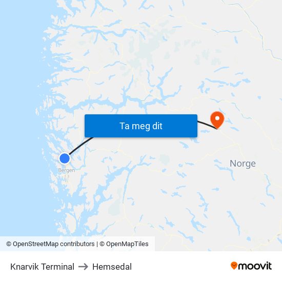 Knarvik Terminal to Hemsedal map