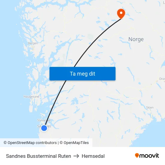 Sandnes Bussterminal Ruten to Hemsedal map