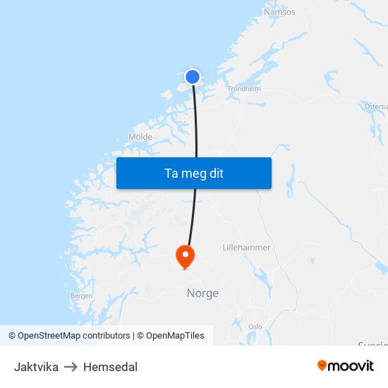 Jaktvika to Hemsedal map