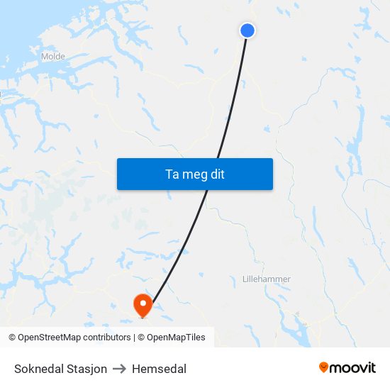 Soknedal Stasjon to Hemsedal map