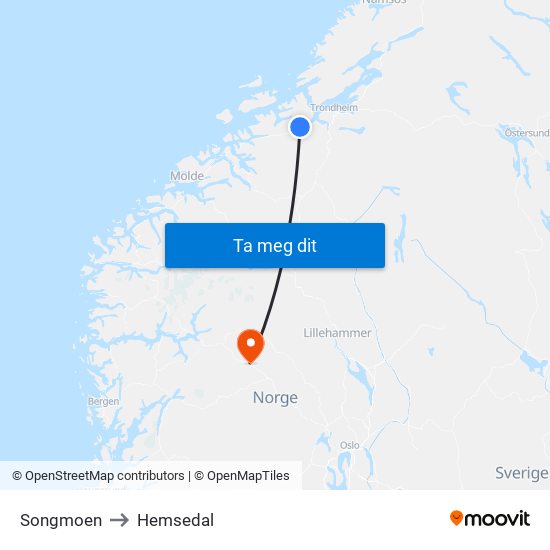 Songmoen to Hemsedal map