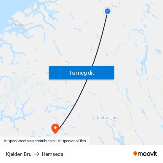 Kjelden Bru to Hemsedal map