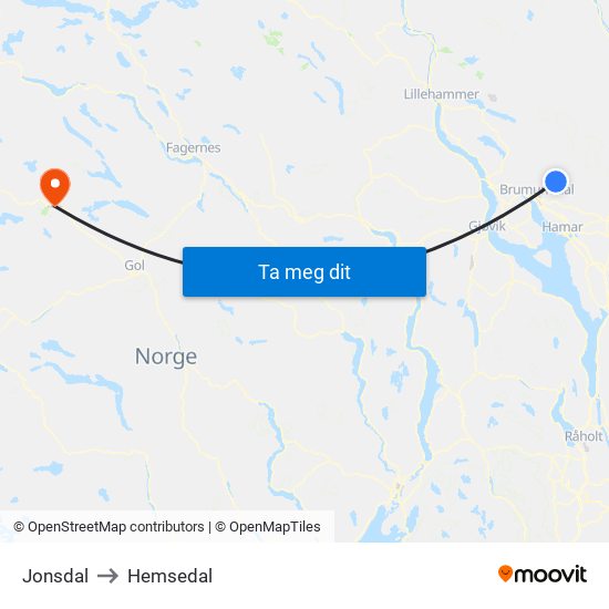 Jonsdal to Hemsedal map
