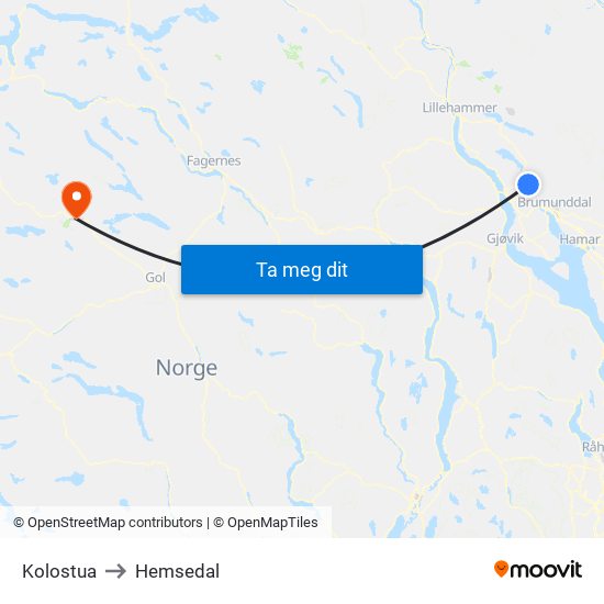 Kolostua to Hemsedal map