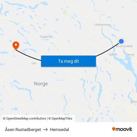 Åsen Rustadberget to Hemsedal map