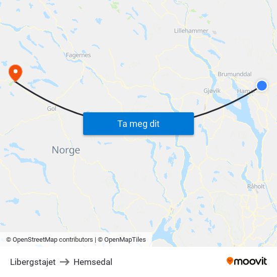 Libergstajet to Hemsedal map