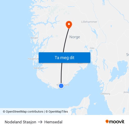 Nodeland Stasjon to Hemsedal map