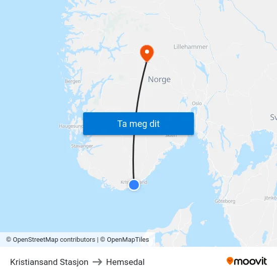 Kristiansand Stasjon to Hemsedal map
