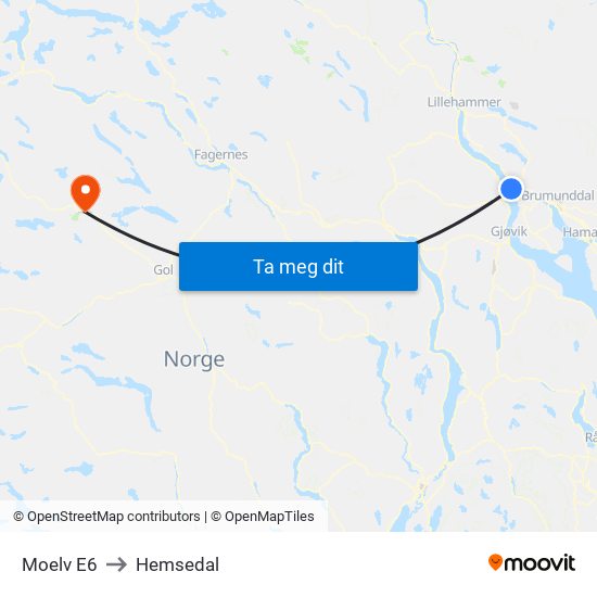 Moelv E6 to Hemsedal map