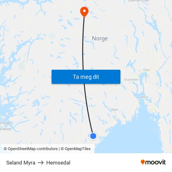 Seland Myra to Hemsedal map