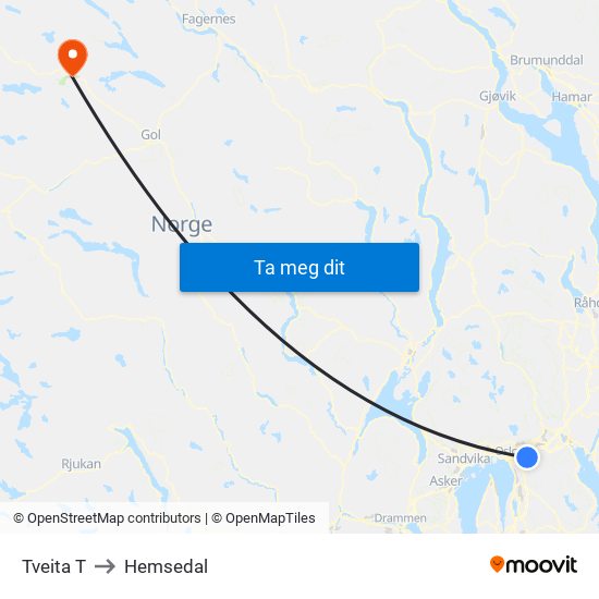 Tveita T to Hemsedal map