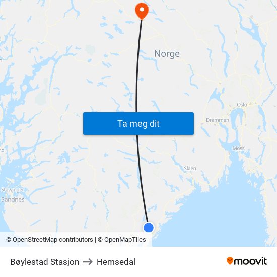 Bøylestad Stasjon to Hemsedal map