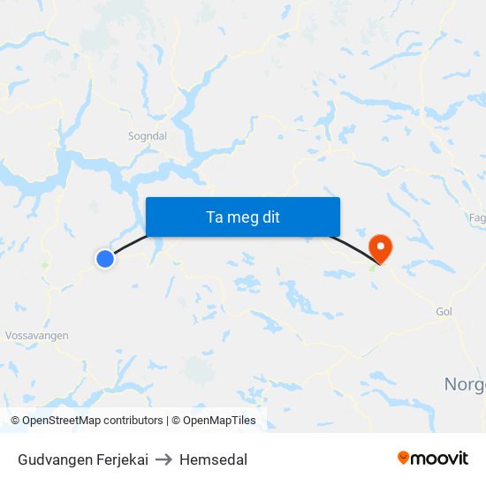 Gudvangen Ferjekai to Hemsedal map