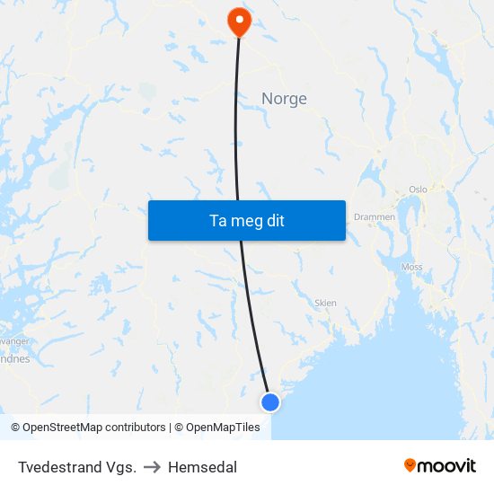 Tvedestrand Vgs. to Hemsedal map