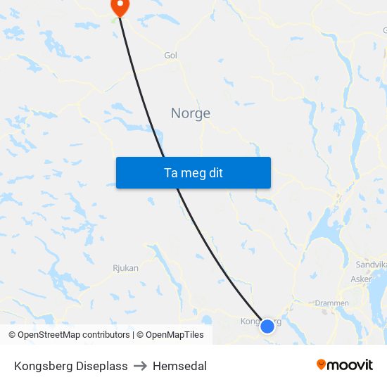 Kongsberg Diseplass to Hemsedal map