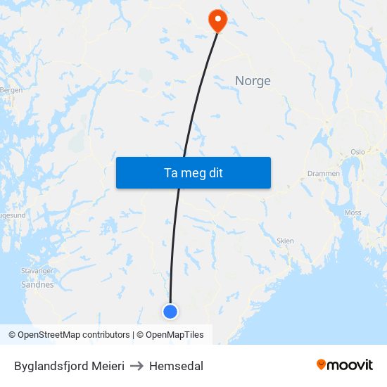 Byglandsfjord Meieri to Hemsedal map