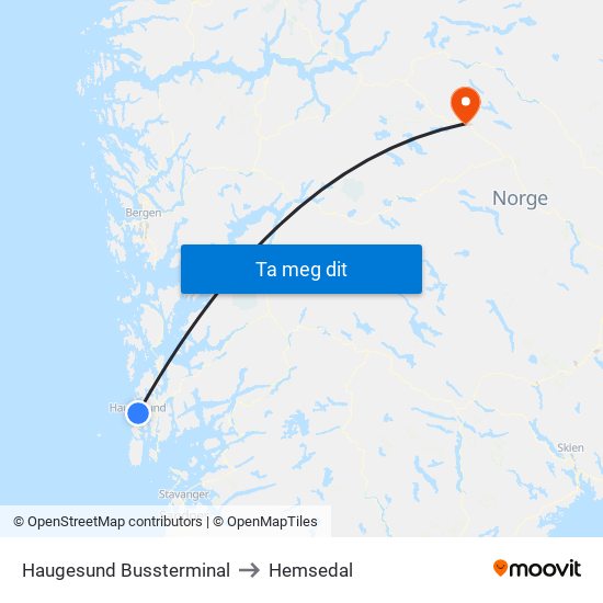 Haugesund Bussterminal to Hemsedal map